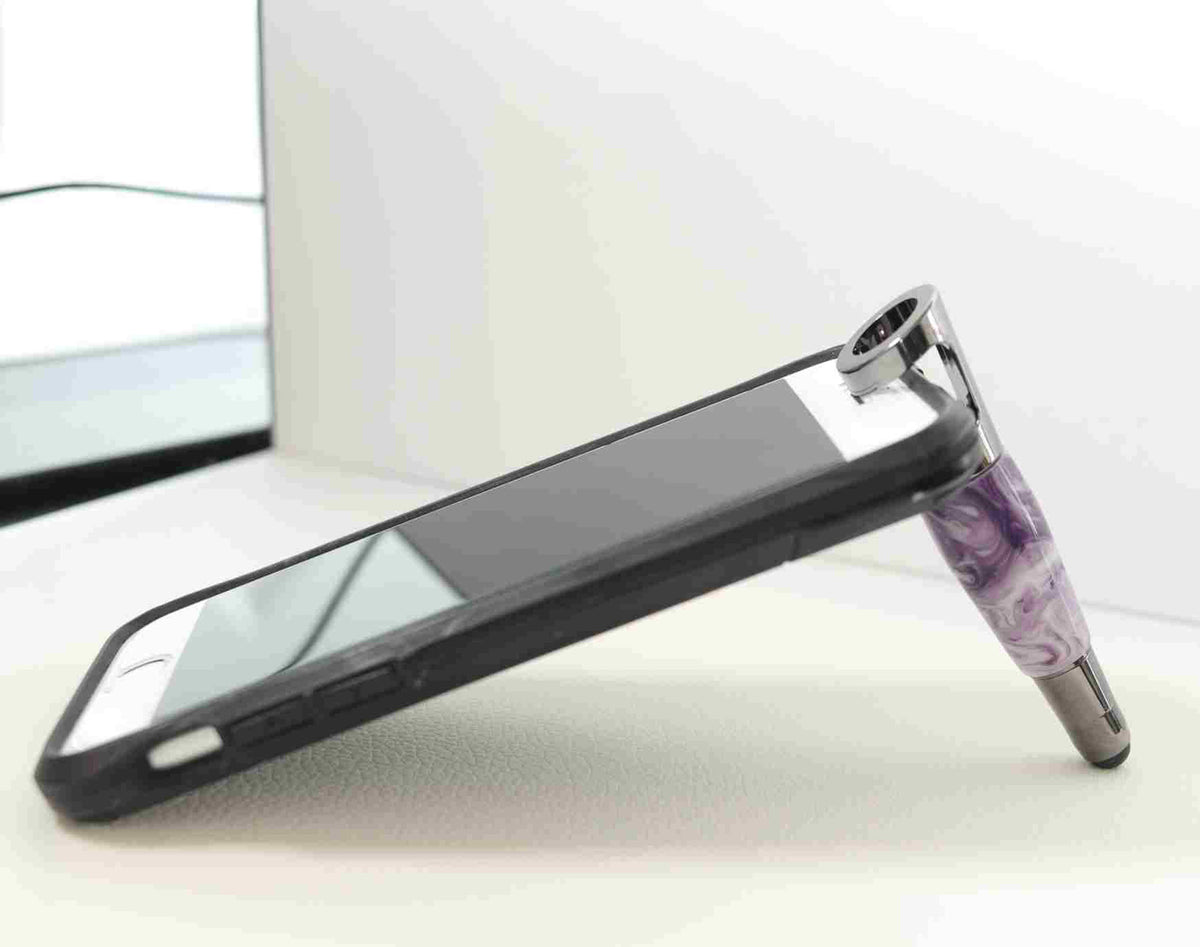 Adjustable Purple and White Acrylic Smartphone Stand with Stylus – Handmade in USA