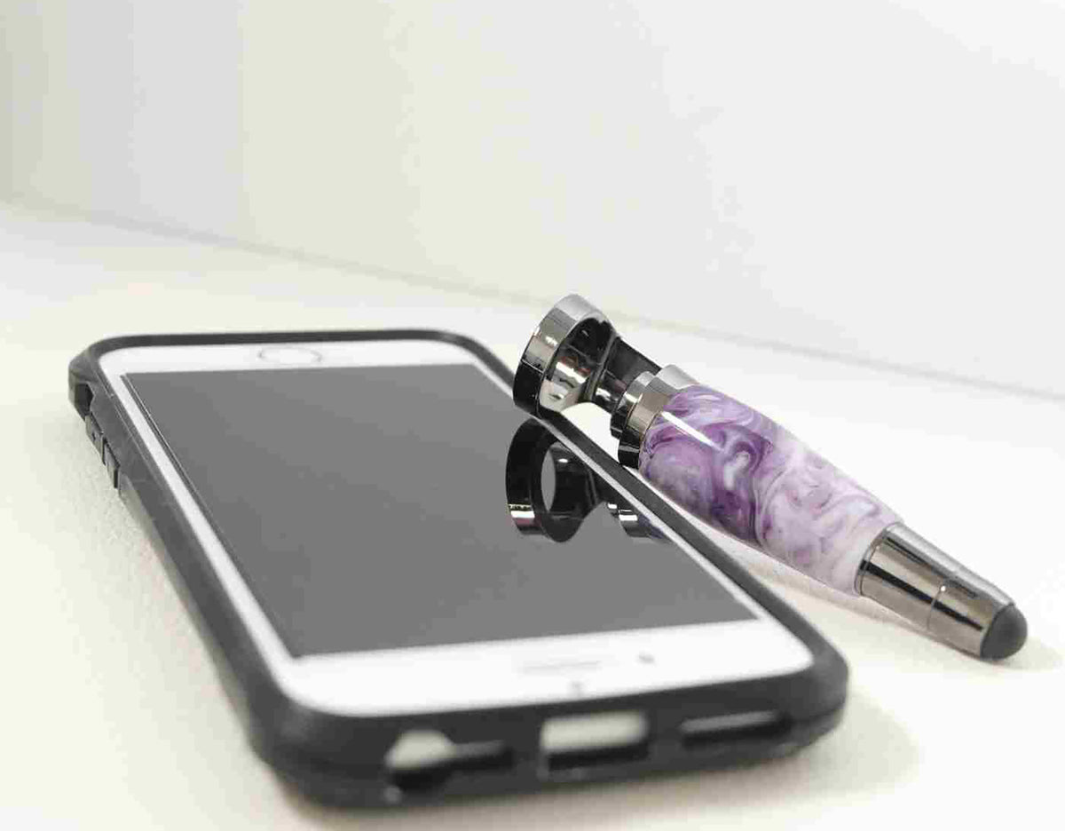 Adjustable Purple and White Acrylic Smartphone Stand with Stylus – Handmade in USA