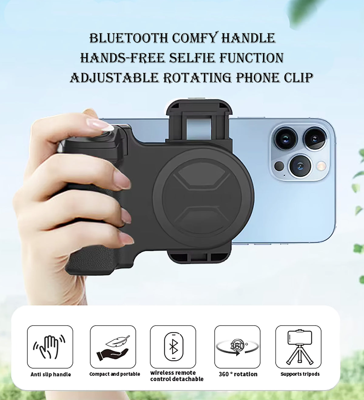 Smartphone Bluetooth Comfort-Hold Handle with Detachable Remote, Hands-Free Selfie Function and Adjustable Rotating Phone Clip