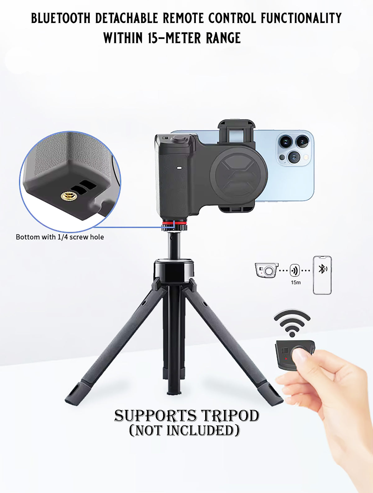 Smartphone Bluetooth Comfort-Hold Handle with Detachable Remote, Hands-Free Selfie Function and Adjustable Rotating Phone Clip