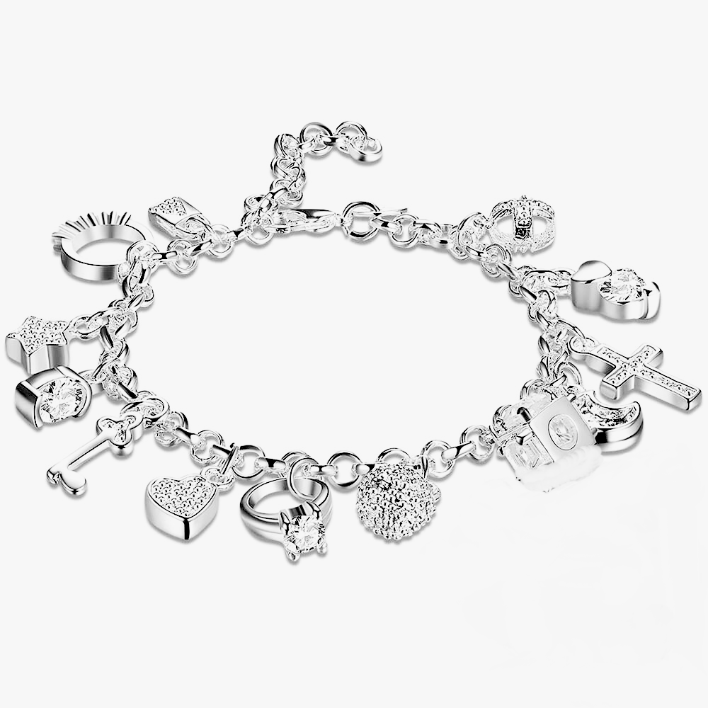 Sterling Silver Charm Bracelet With Assortment Of Multiple Charms