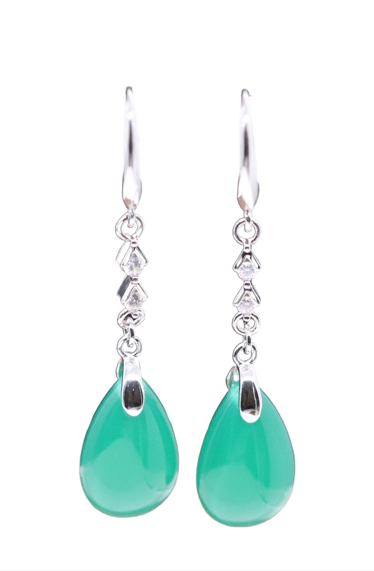 Elegant Sterling Silver Tear-Drop Polished Natural Jade Dangle Earrings