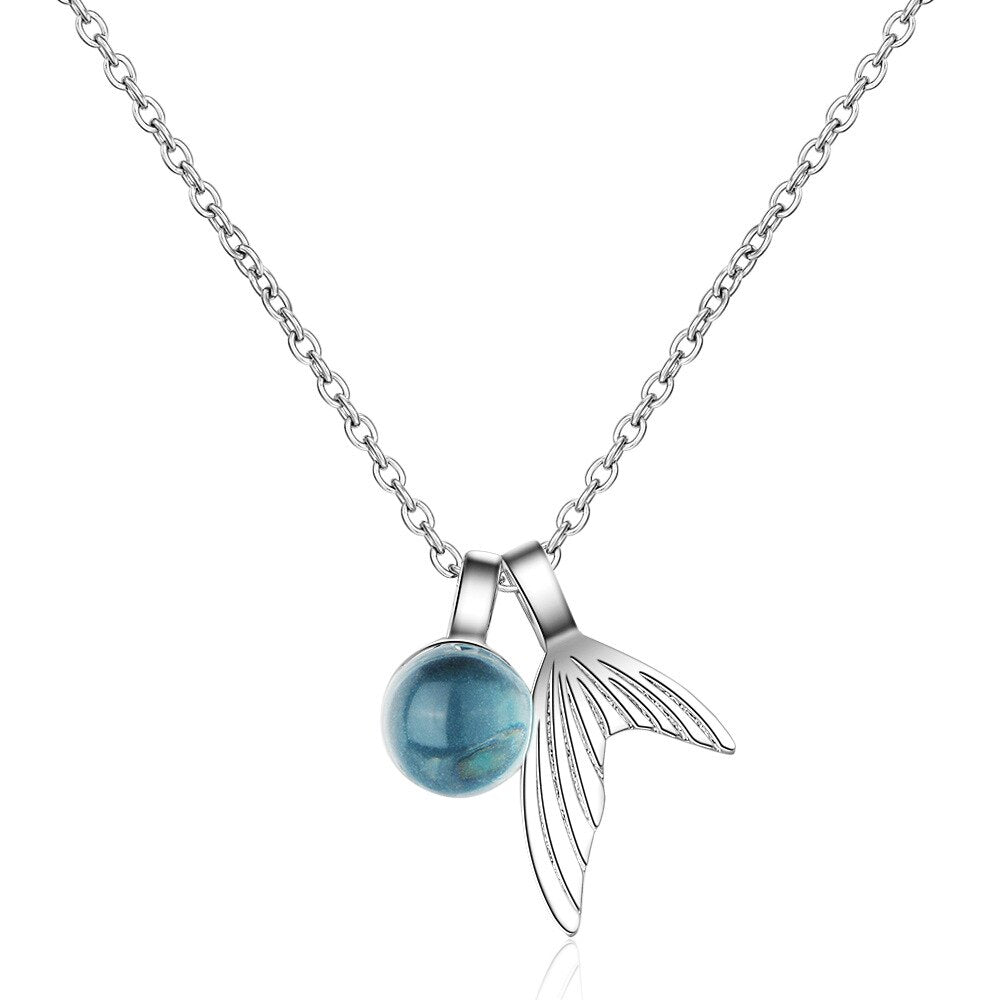 Elegant Sterling Silver Rhodium Pendant with Mermaid Tail and Synthetic Crystal Ball Charm