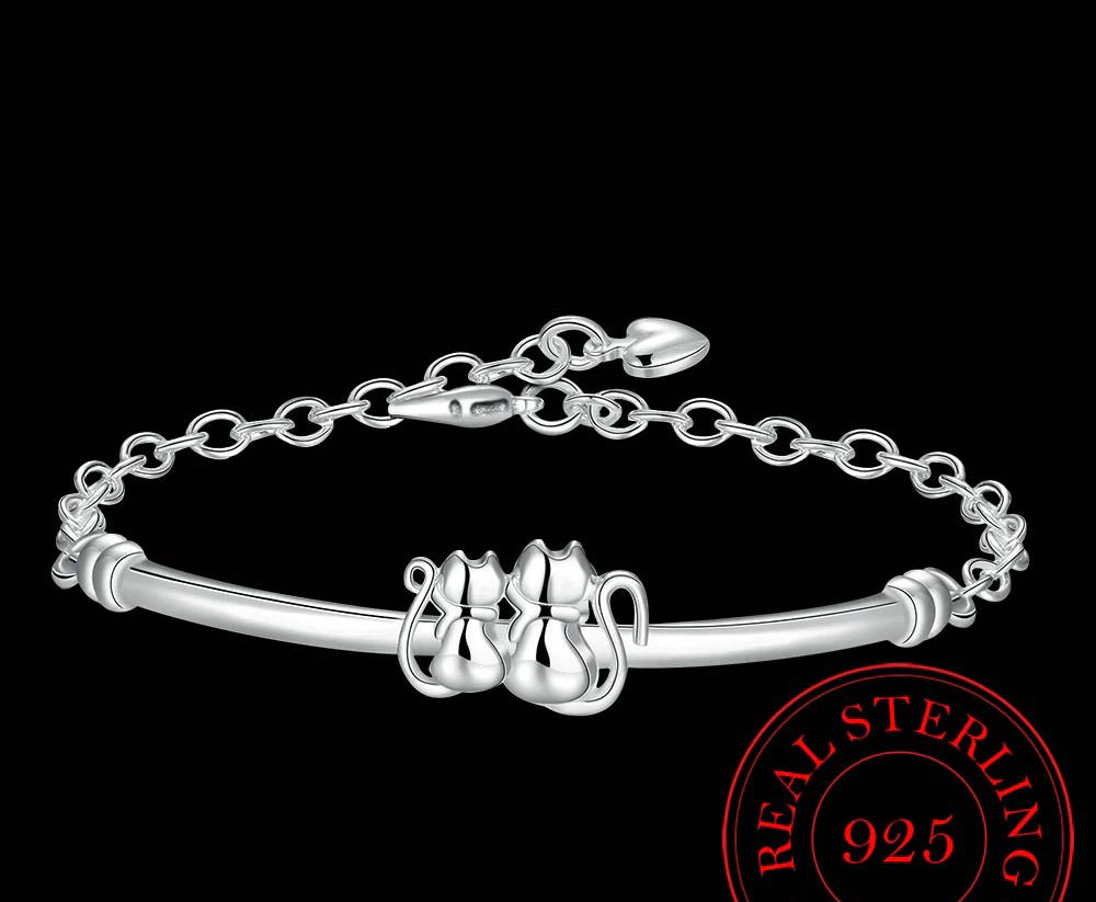 Elegant Sterling Silver Couple Cat Bracelet with Bangle &amp; Chain