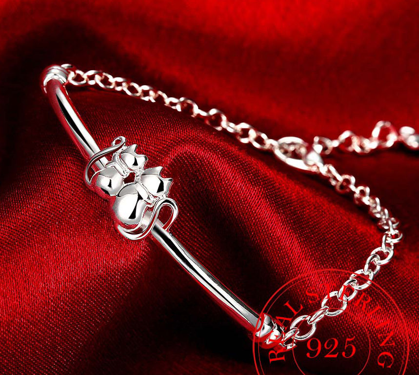 Elegant Sterling Silver Couple Cat Bracelet with Bangle &amp; Chain