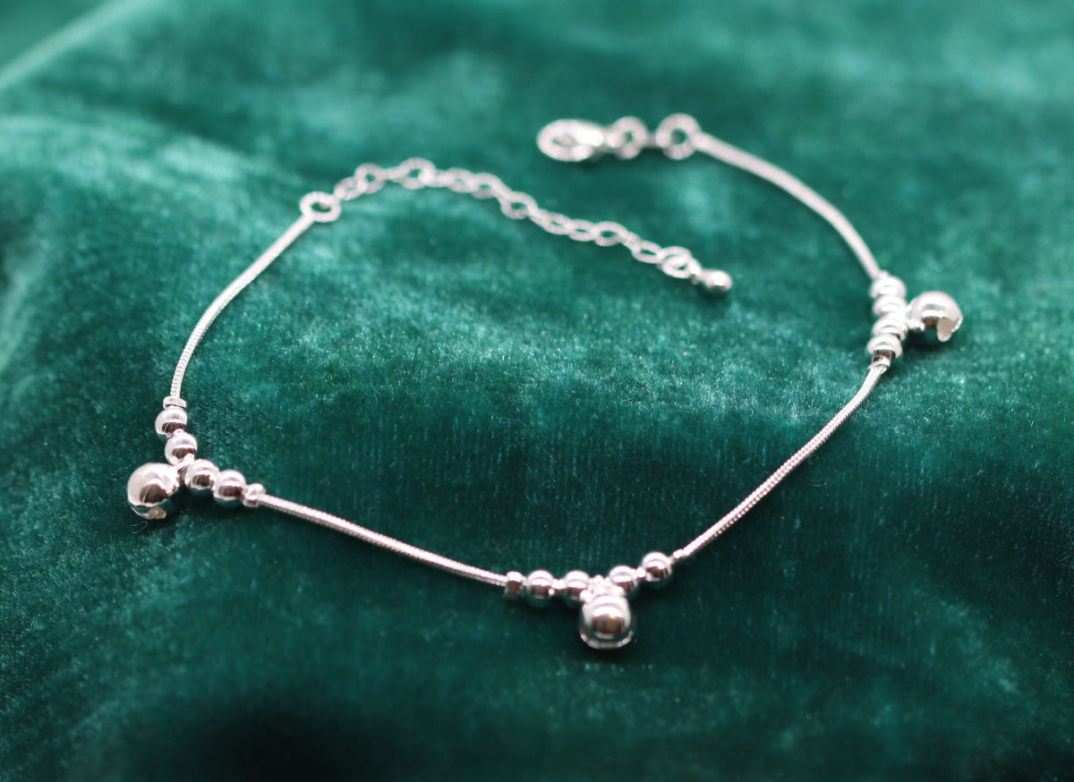 Graceful Sterling Silver Anklet with Cluster of 4 Smaller Beads and a Larger Bell Bead on Adjustable Chain