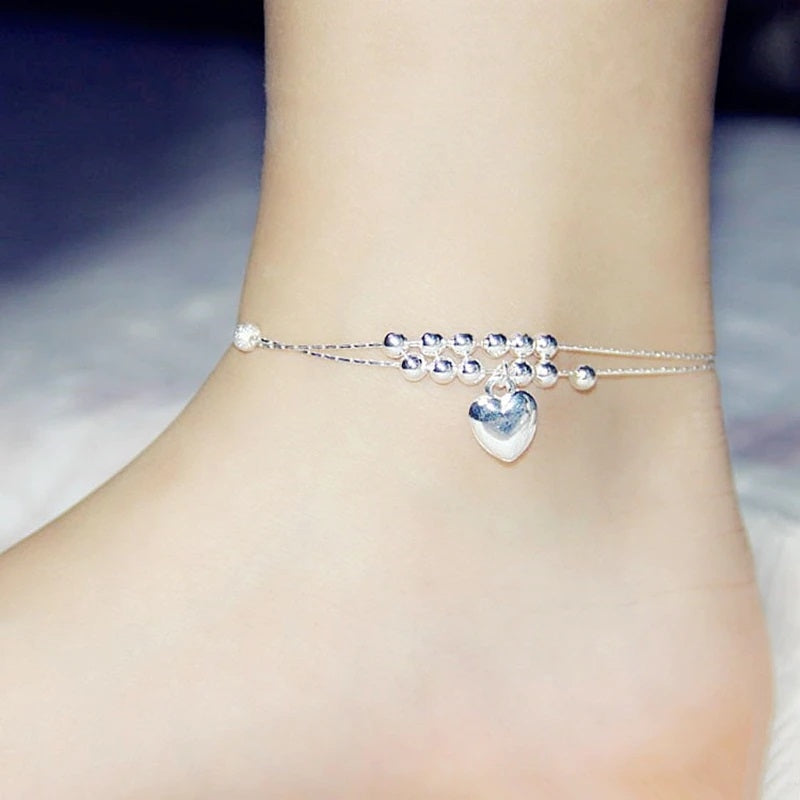 Elegant Sterling Silver Double Strand Cobra Chains Bracelet with Heart Charm