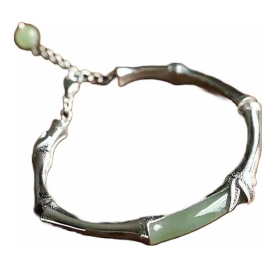 Elegant Handmade Sterling Silver Bamboo Jade Bangle Bracelet
