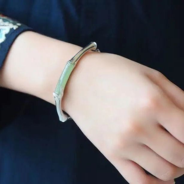 Elegant Handmade Sterling Silver Bamboo Jade Bangle Bracelet