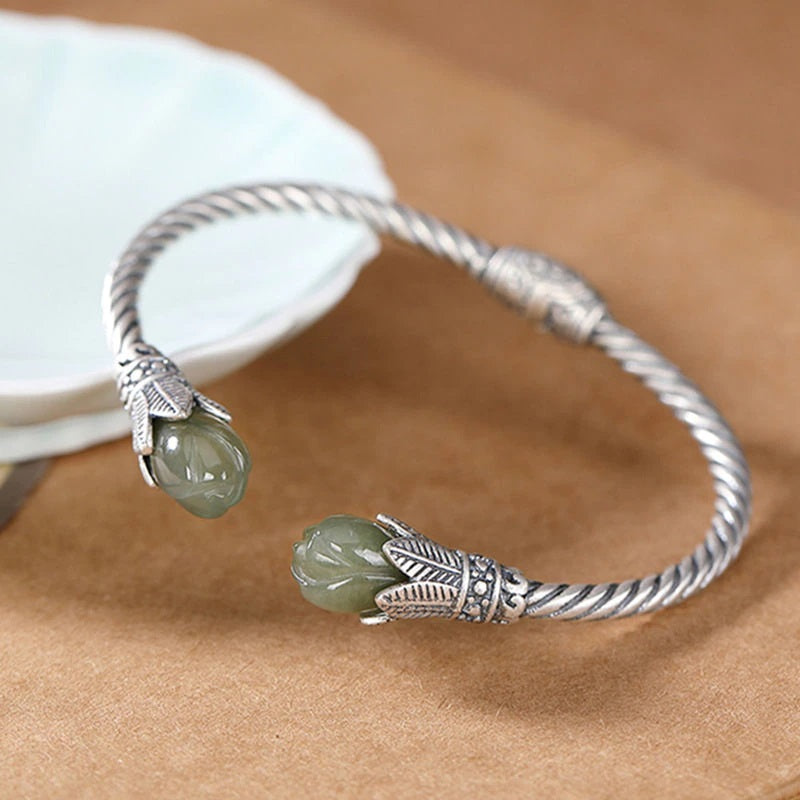 Elegant Sterling Silver Open Bangle Bracelet with Natural Jade