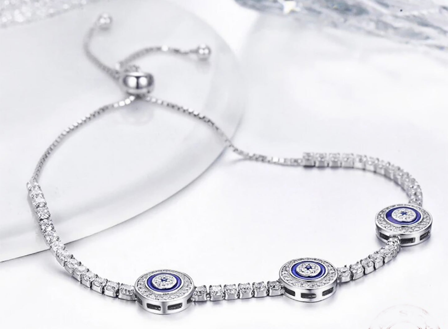 Sterling Silver Cubic Zirconia Adjustable Evil Eye Bracelet