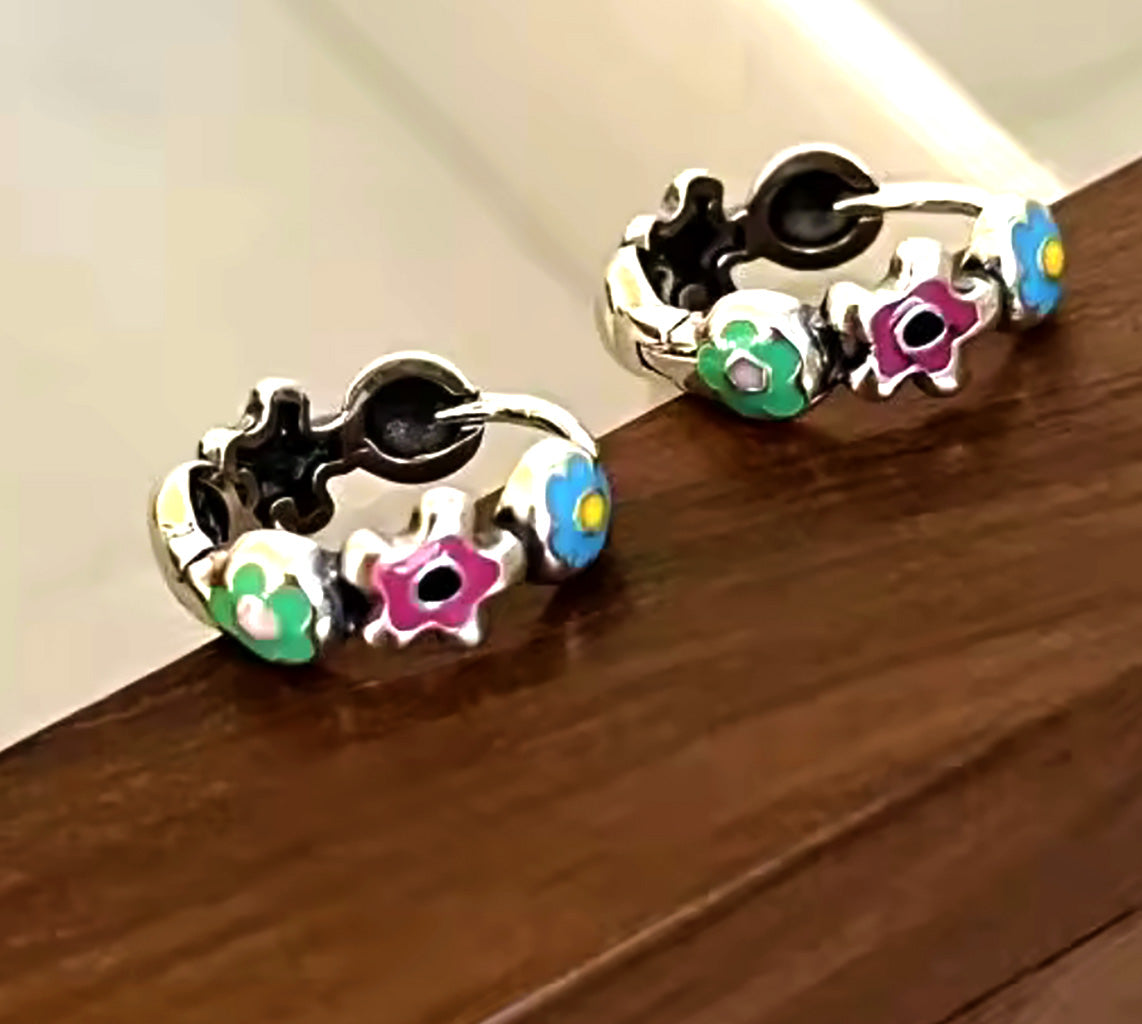 Blooming Elegance – Sterling Silver 17.5mm Floral Hoop Earrings with Colorful Enamel Artwork