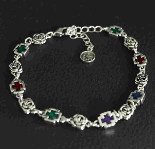 Blooming Grace – Colorful Floral Sterling Silver Bracelet- Platinum-Look Finish