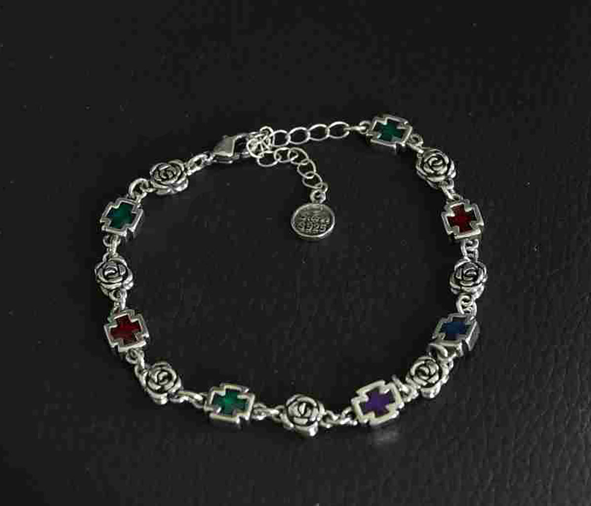 Blooming Grace – Colorful Floral Sterling Silver Bracelet- Platinum-Look Finish