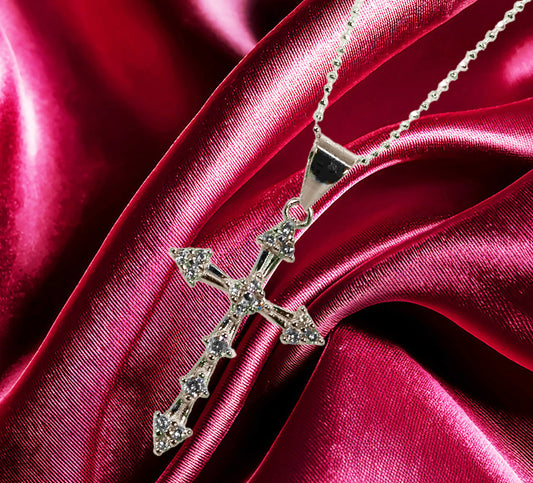 Sterling Silver Baguette & Round CZ Cross Pendant with 18" Italian Ball Chain