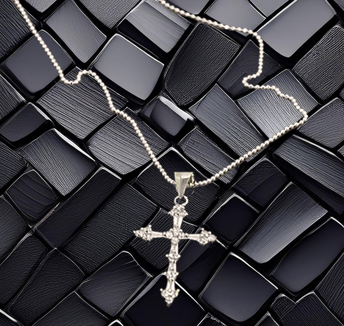 Sterling Silver Baguette & Round CZ Cross Pendant with 18" Italian Ball Chain