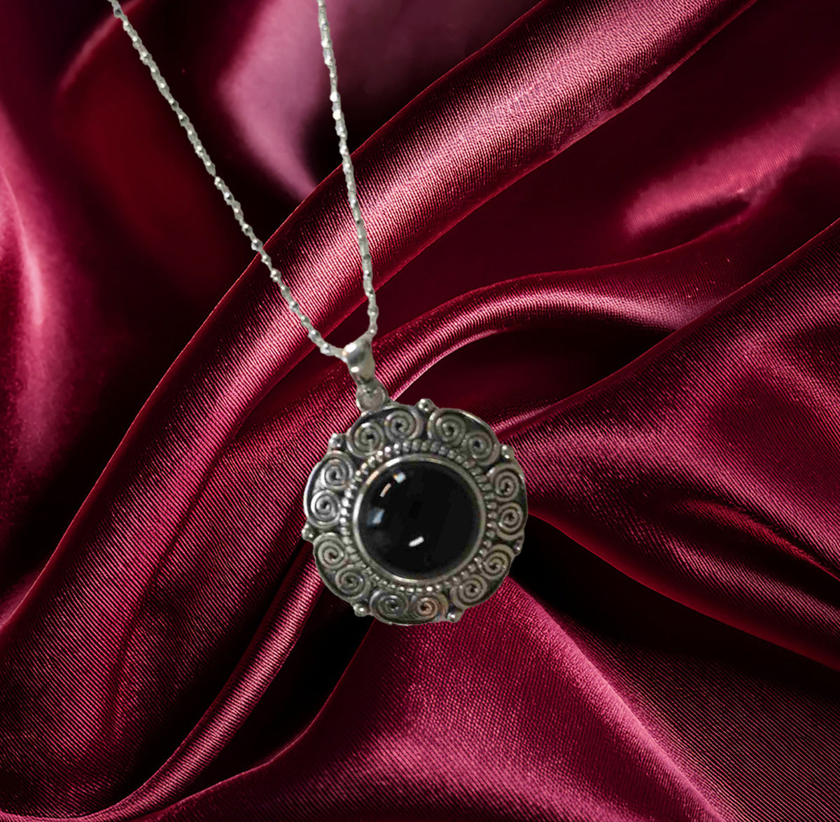 Sterling Silver Round Black Stone Pendant with Geometric Vintage Design and 18" Italian Diamond-Cut Ball Chain – Elegant Statement Necklace for Women