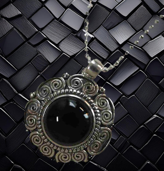 Sterling Silver Round Black Stone Pendant with Geometric Vintage Design and 18" Italian Diamond-Cut Ball Chain – Elegant Statement Necklace for Women