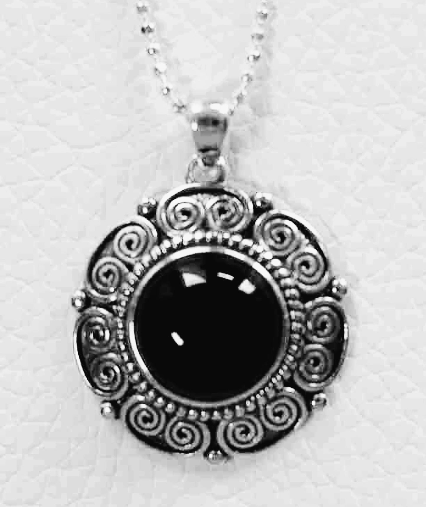 Sterling Silver Round Black Stone Pendant with Geometric Vintage Design and 18" Italian Diamond-Cut Ball Chain – Elegant Statement Necklace for Women