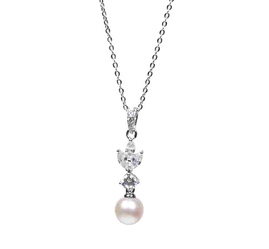 Eternal Grace Sterling Silver Freshwater Pearl Pendant with Sparkling Marquise and Round CZ Accents