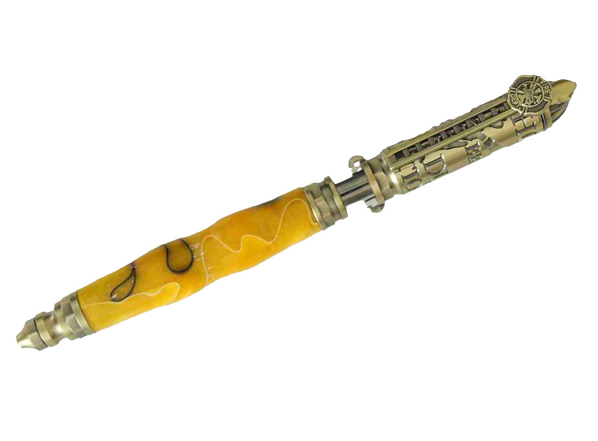 Handcrafted Yellow & Black Acrylic Firefighter Twist Pen with Antique Brass Finish – Made in USA