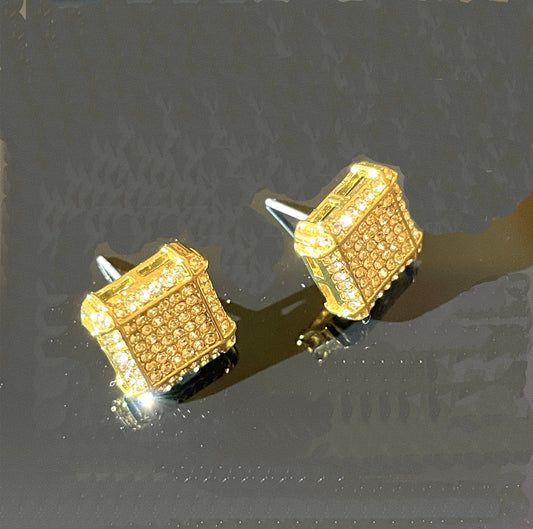 Eternal Love, Square Pavé CZ Unisex Stainless Steel Earrings – Gold & White Gold Plated - Gold