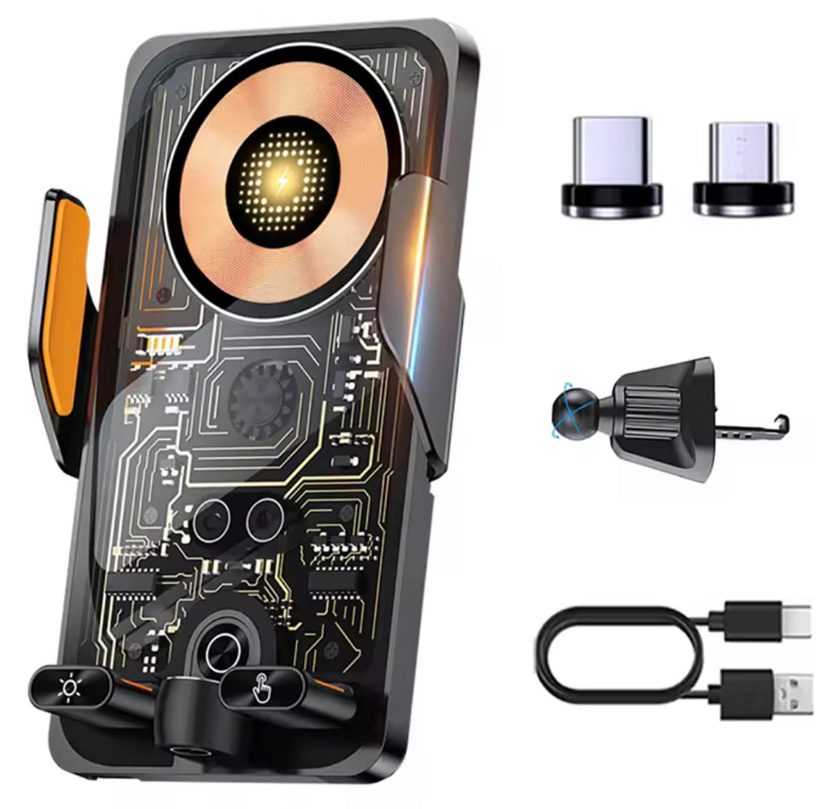 Hi-Tech Wireless Infrared Auto Clamp Car Charger – Fast Qi Charging, Smart Sensor, Touch Control, Built-In Battery, 15W/66W Support