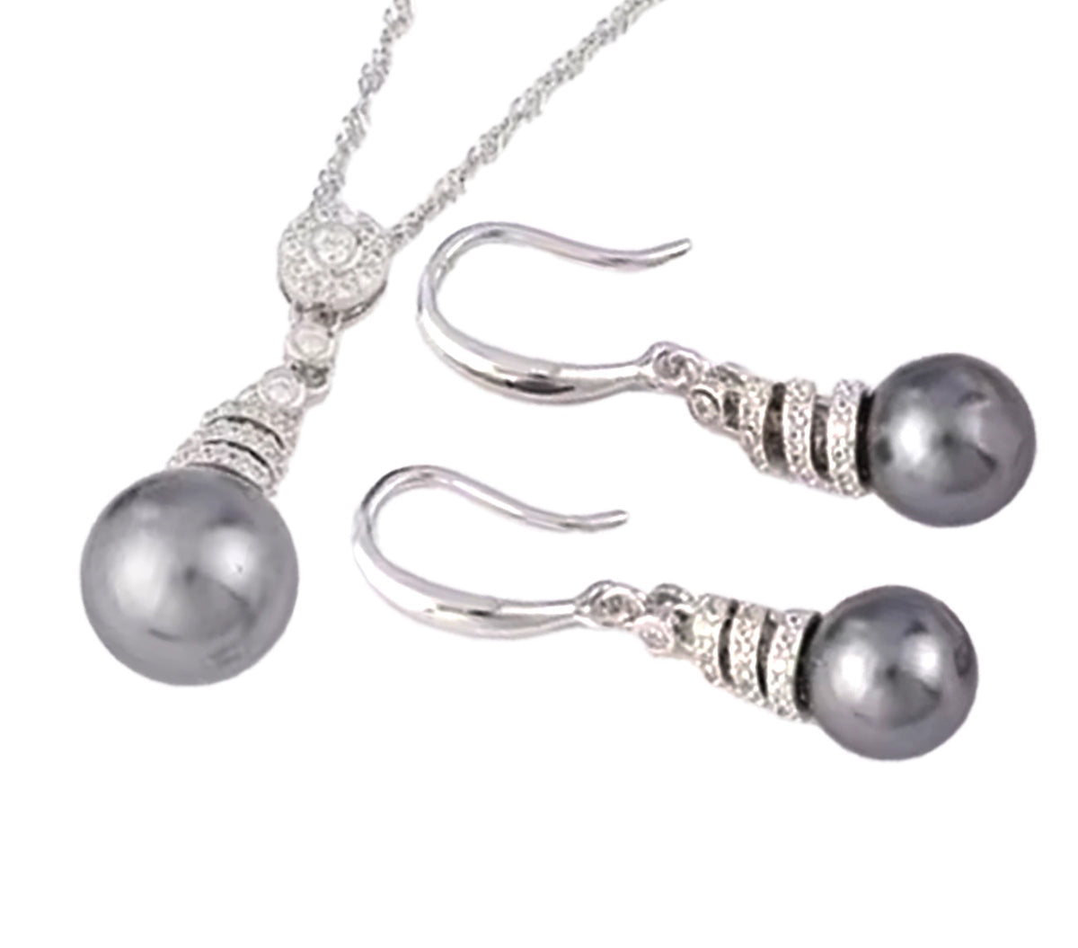 Lustrous Sterling Silver Gray Pearl Shell Bead Pendant and Dangle Earrings Set with Brilliant CZ Accents