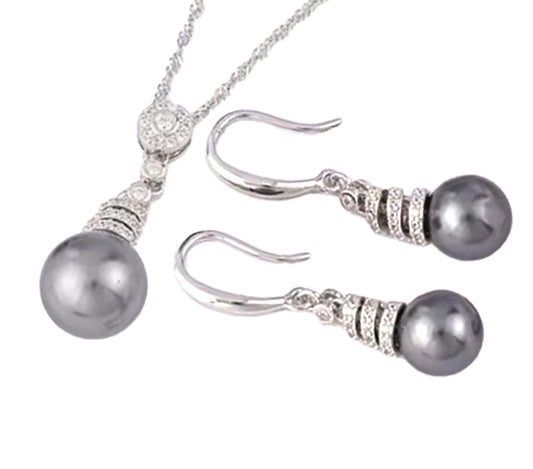 Lustrous Sterling Silver Gray Pearl Shell Bead Pendant and Dangle Earrings Set with Brilliant CZ Accents