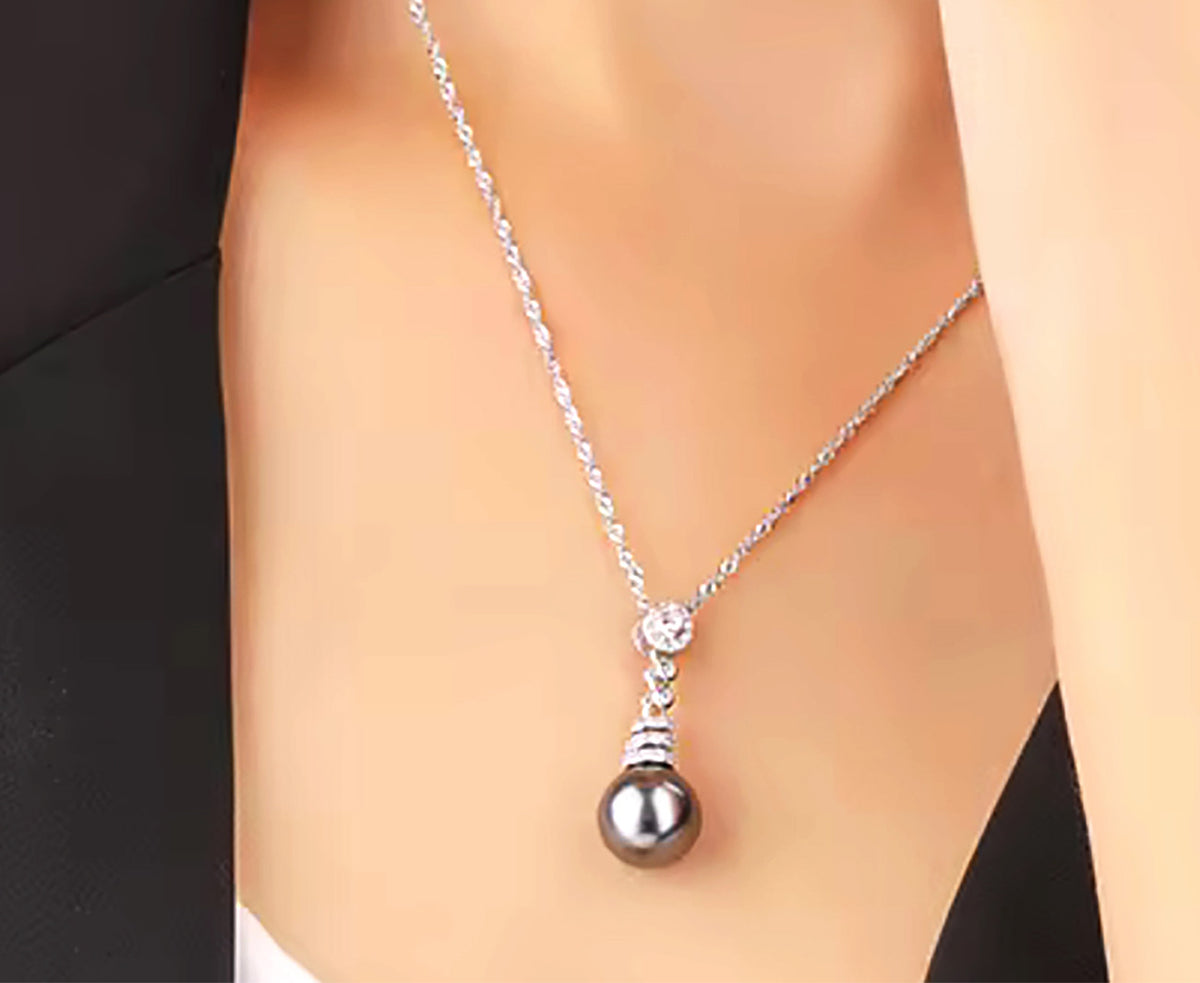 Lustrous Sterling Silver Gray Pearl Shell Bead Pendant and Dangle Earrings Set with Brilliant CZ Accents