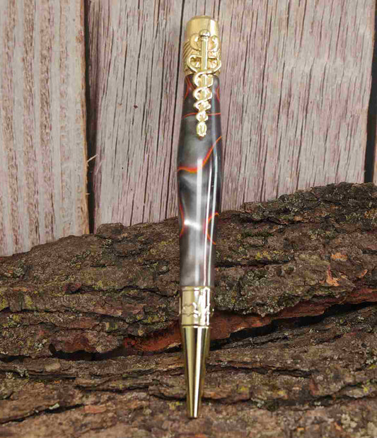A Bold Tribute to Healthcare Heroes: Handcrafted Orange, Black, and Silver Spectrum Acrylic Caduceus Twist Pen with Golden Hardware