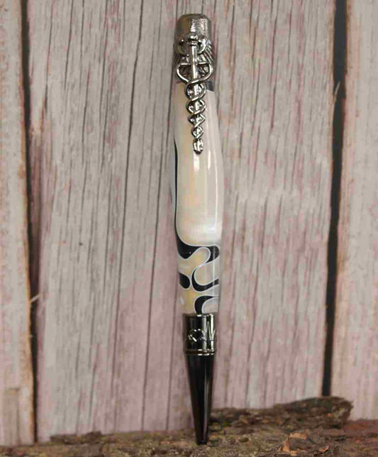 Handcrafted White and Black Acrylic Caduceus Medical Symbol Twist Pen with Gun Metal Hardware – Unique Gift for Healthcare Professionals