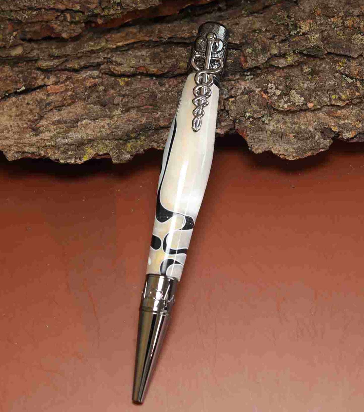 Handcrafted White and Black Acrylic Caduceus Medical Symbol Twist Pen with Gun Metal Hardware – Unique Gift for Healthcare Professionals
