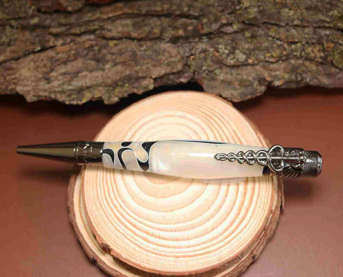 Handcrafted White and Black Acrylic Caduceus Medical Symbol Twist Pen with Gun Metal Hardware – Unique Gift for Healthcare Professionals