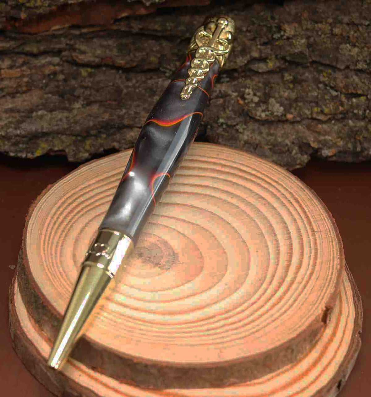 A Bold Tribute to Healthcare Heroes: Handcrafted Orange, Black, and Silver Spectrum Acrylic Caduceus Twist Pen with Golden Hardware