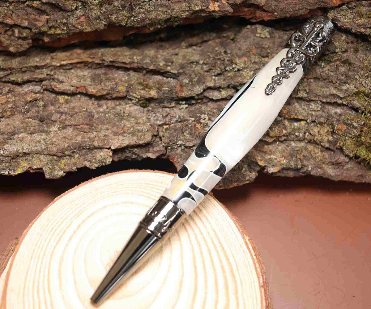 Handcrafted White and Black Acrylic Caduceus Medical Symbol Twist Pen with Gun Metal Hardware – Unique Gift for Healthcare Professionals