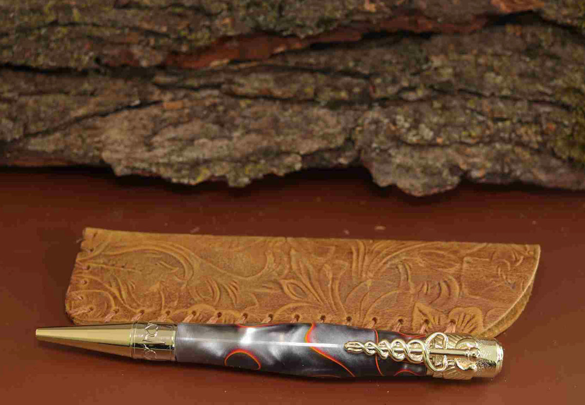 A Bold Tribute to Healthcare Heroes: Handcrafted Orange, Black, and Silver Spectrum Acrylic Caduceus Twist Pen with Golden Hardware