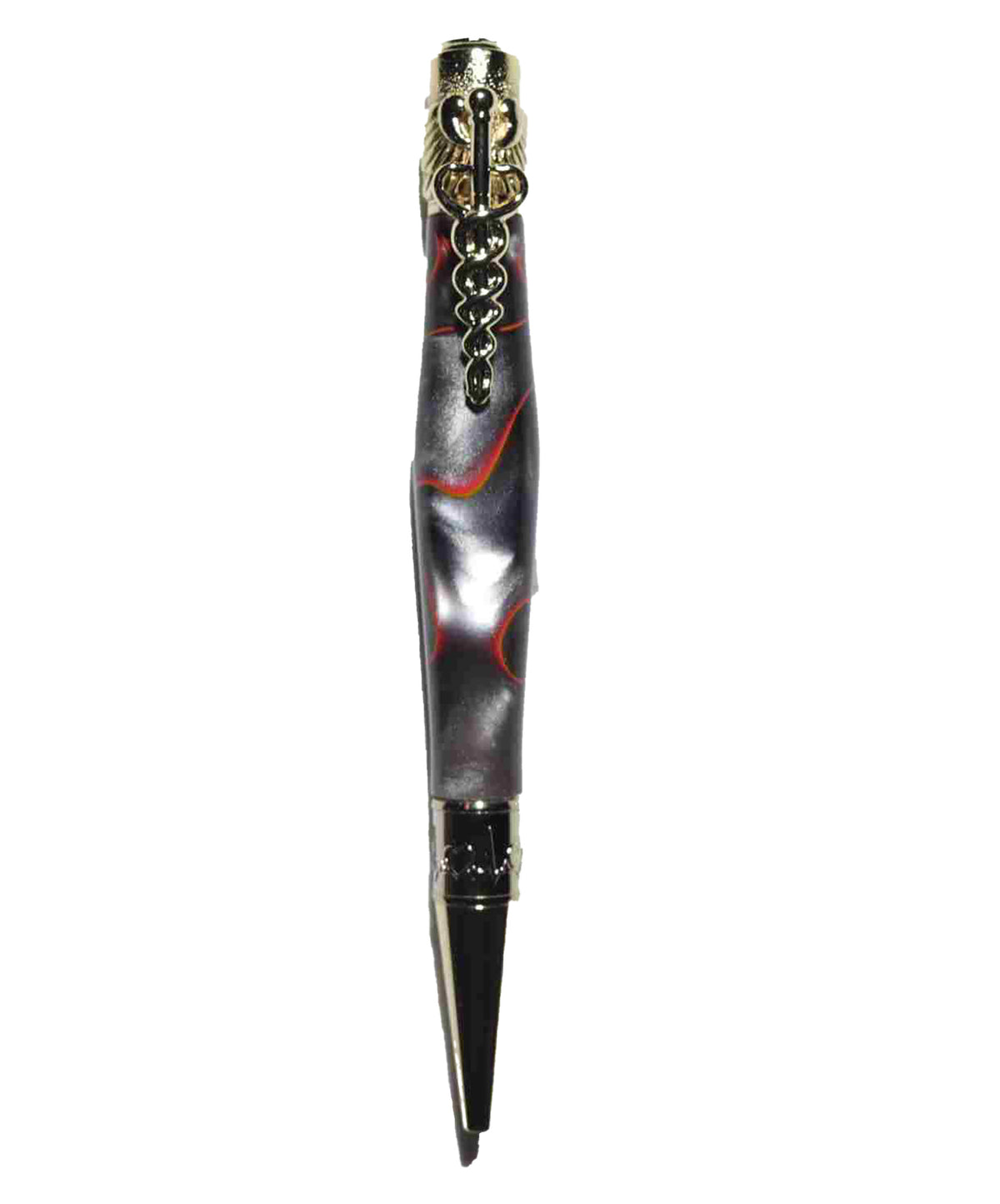 A Bold Tribute to Healthcare Heroes: Handcrafted Orange, Black, and Silver Spectrum Acrylic Caduceus Twist Pen with Golden Hardware