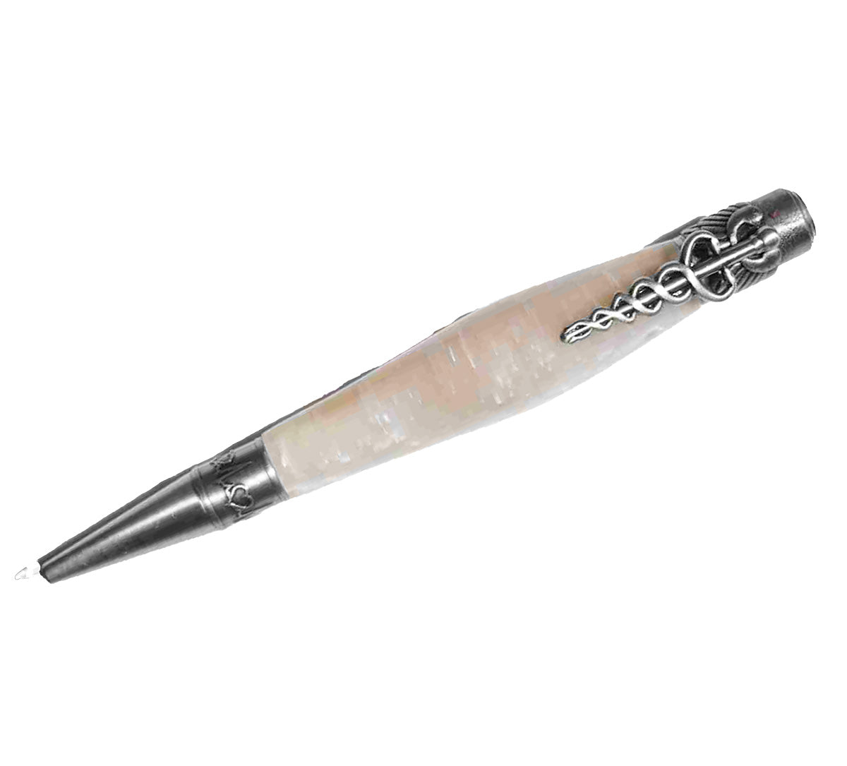 Handcrafted Opal White Acrylic Caduceus Medical Symbol Twist Pen with Antique Pewter Trim – Unique Gift for Healthcare Professionals