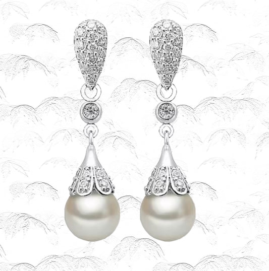 Pure Grace Sterling Silver Freshwater Pearl Dangle Earrings with CZ Sparkle
