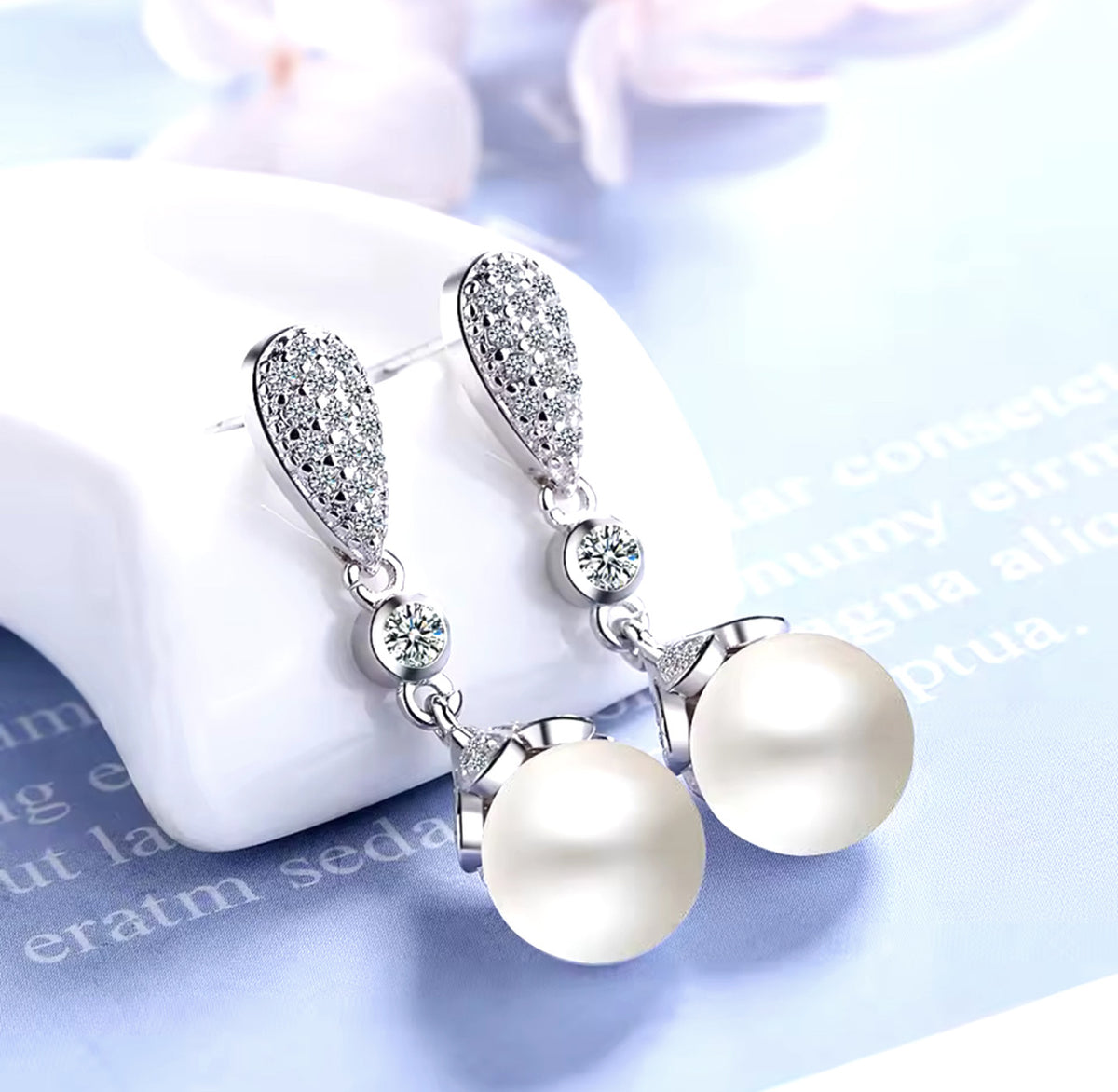 Pure Grace Sterling Silver Freshwater Pearl Dangle Earrings with CZ Sparkle