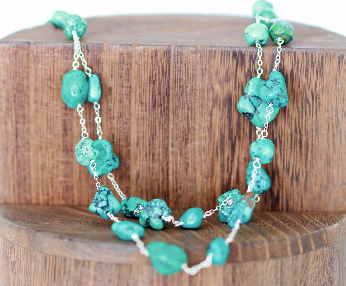 Elegantly Designed Sterling Silver 2 Strand Graduated Natural Turquoise Nugget Necklace 18"