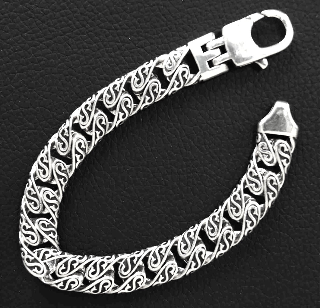 Stainless Steel 11.5mm Flat Link Bracelet with Intricate Detailing and Sterling Silver Plating