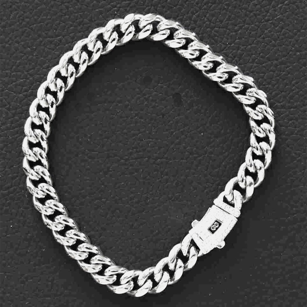 Stainless Steel 8mm Cuban Link Miami Style Bracelet with CZ Slide Safety Clasp