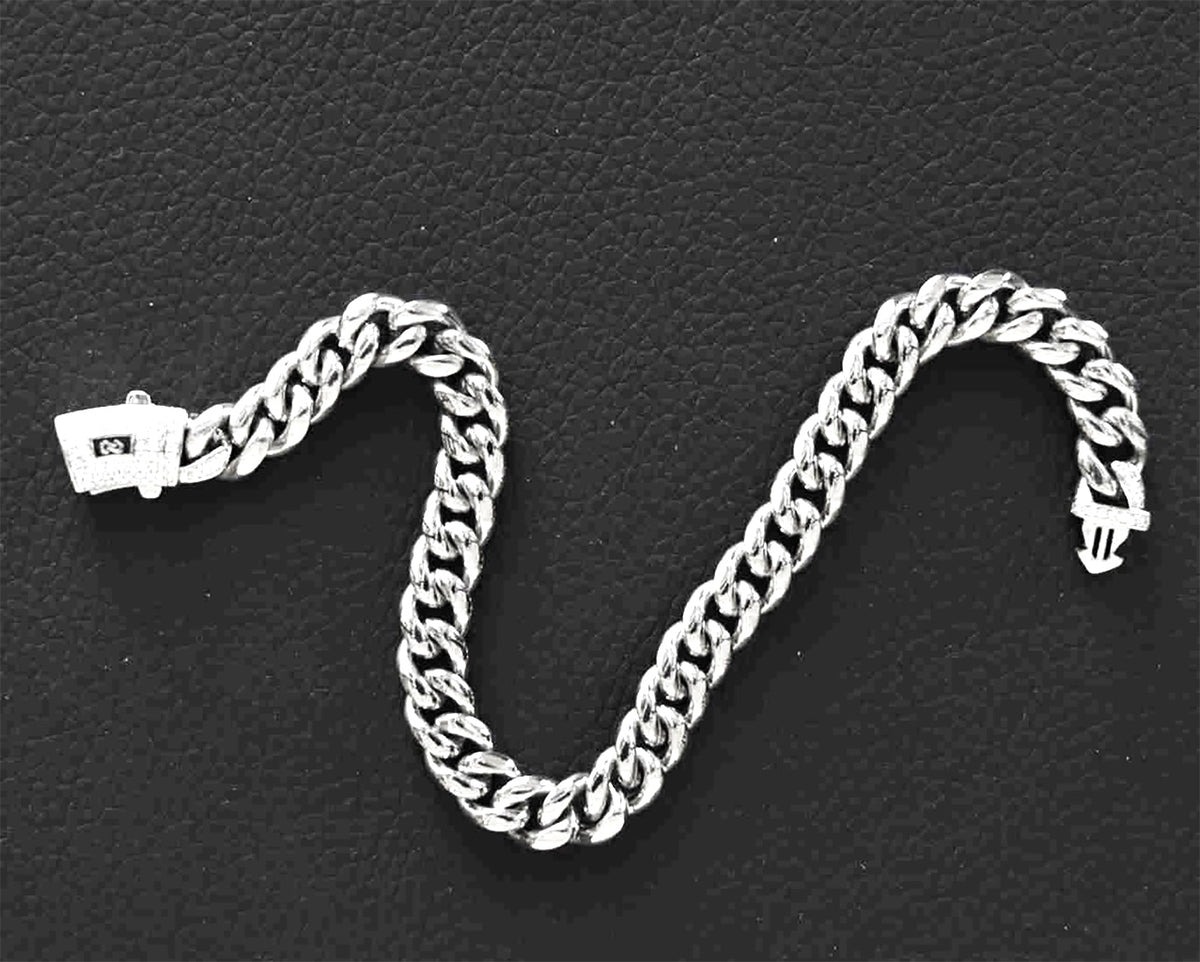 Stainless Steel 8mm Cuban Link Miami Style Bracelet with CZ Slide Safety Clasp
