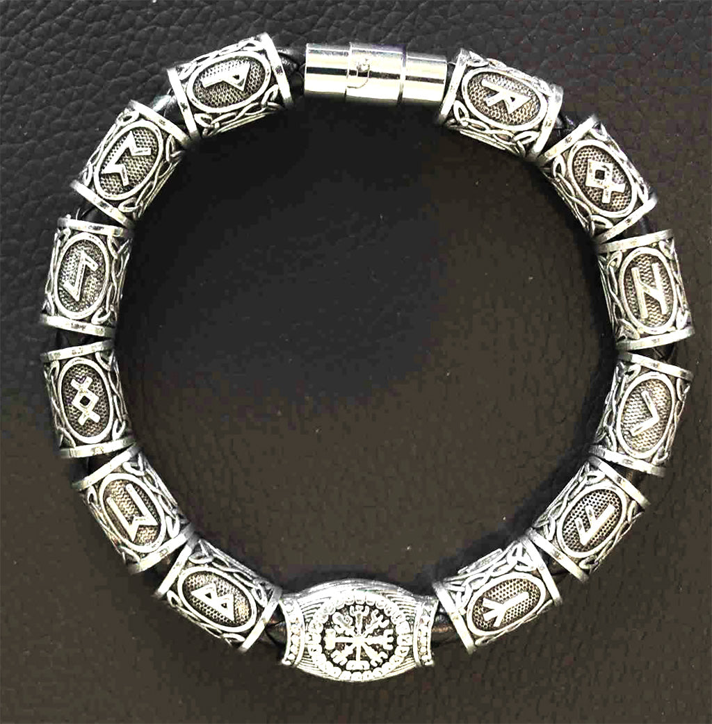 Stainless Steel Men’s Braided Leather Bracelet with 13 Norse Runes