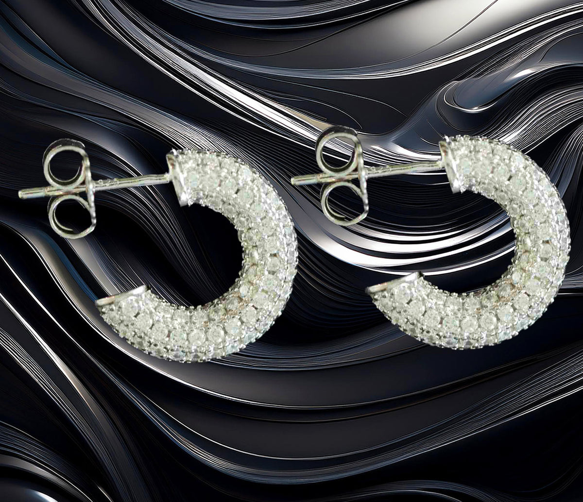 Sterling Silver 15mm Demi Hoop Earrings – Pave CZ Setting Classy & Elegant Sparkling Hoops for Women