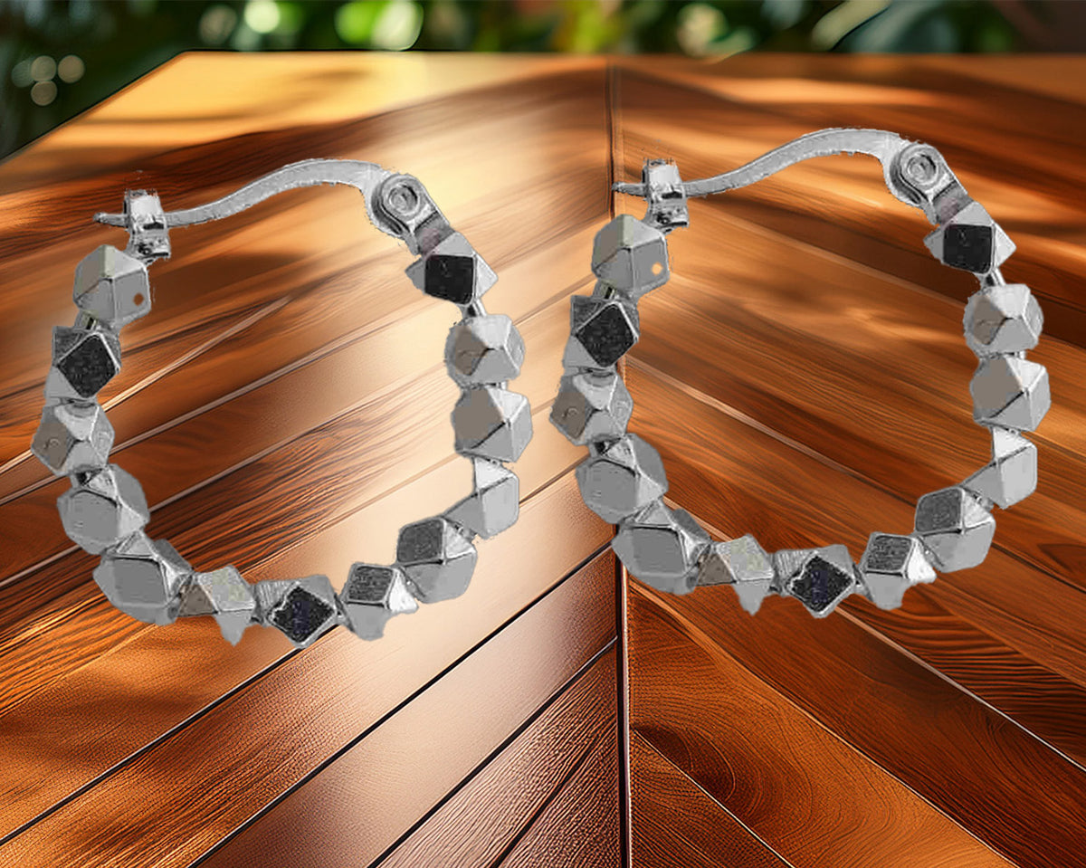 Exquisitely Designed Sterling Silver 20mm Round Hoop Earrings with Sparking Cubic Shaped Beads