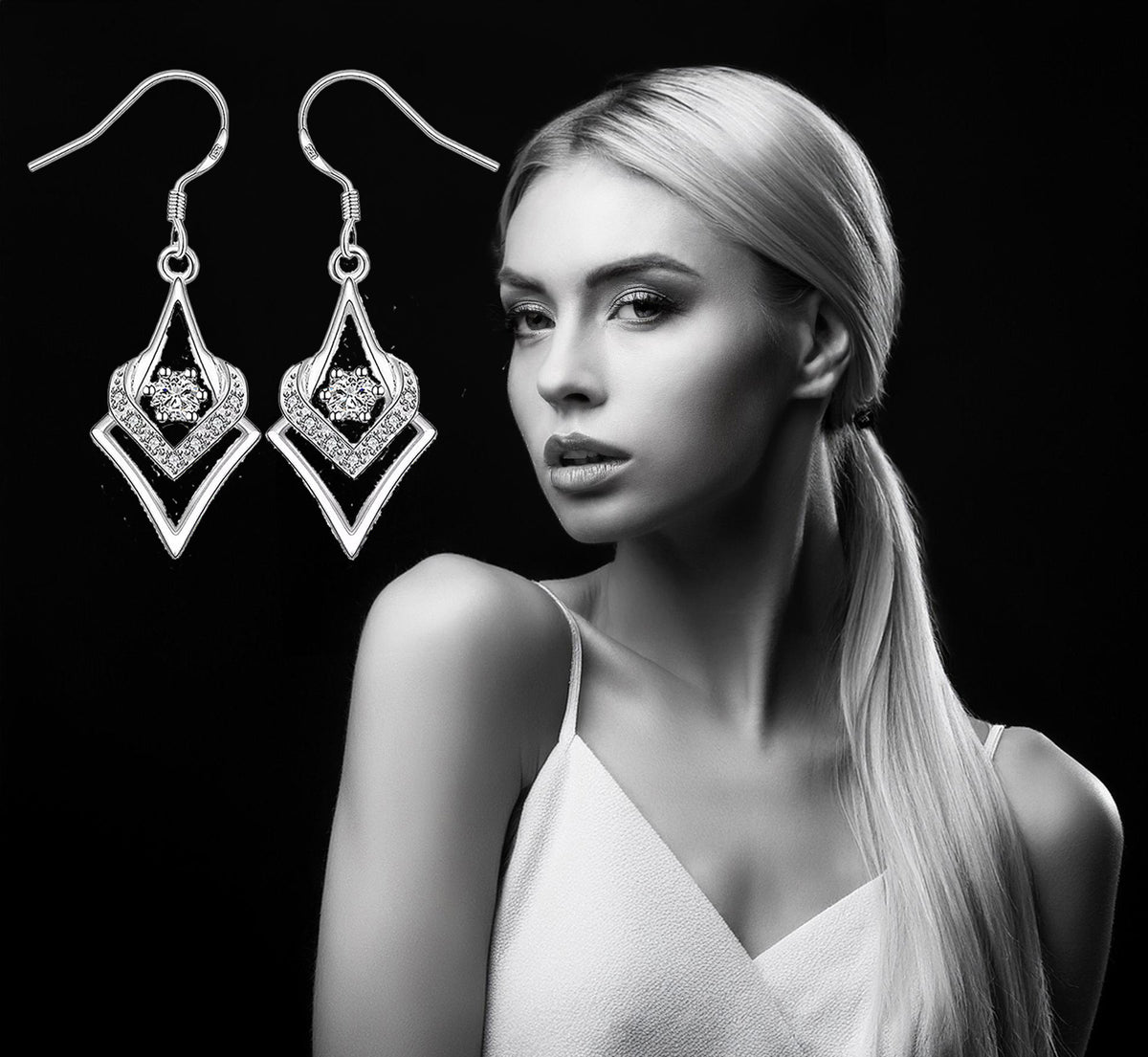 Sterling Silver Abstract Heart Design Cubic Zirconia Dangle Earrings – Elegant Romantic Gift for Her