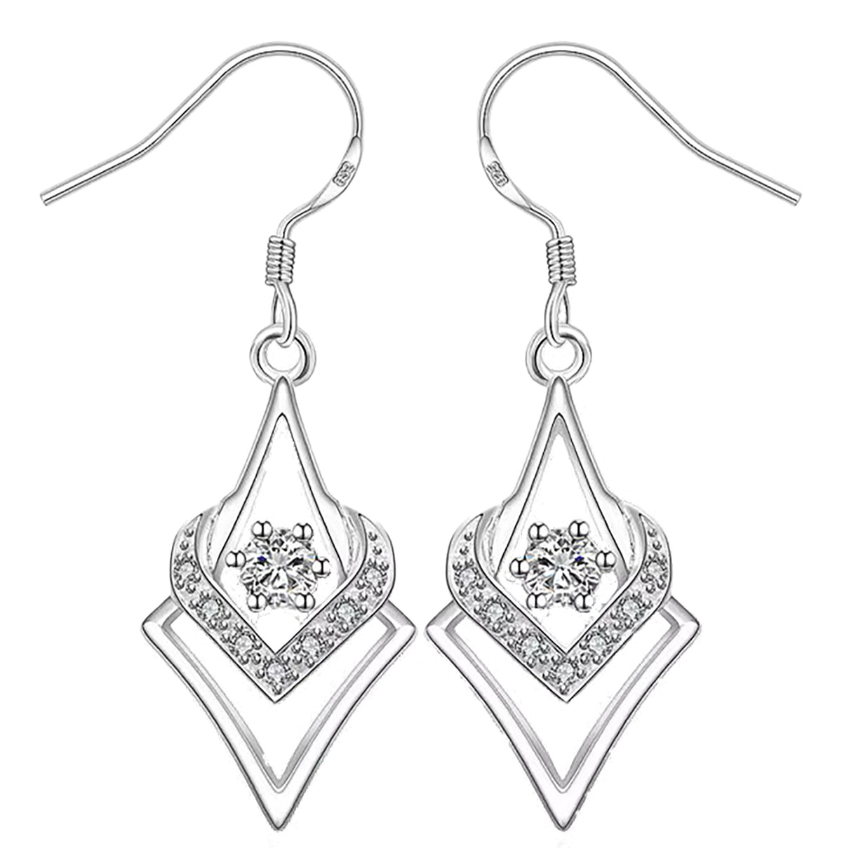 Sterling Silver Abstract Heart Design Cubic Zirconia Dangle Earrings – Elegant Romantic Gift for Her